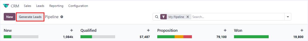 Steps to generate leads from the Odoo CRM dashboard: First Step