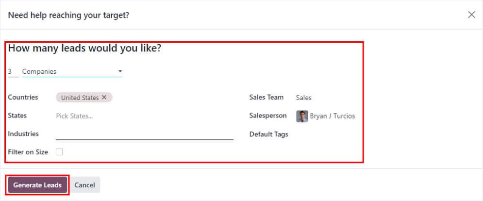 Steps to generate leads from the Odoo CRM dashboard: Second Step